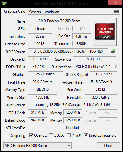 Schermata GPU-Z della Sapphire Radeon R9-290.
