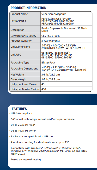 Specifiche tecniche del Patriot Supersonic Magnum Flashdrive 64 GB.