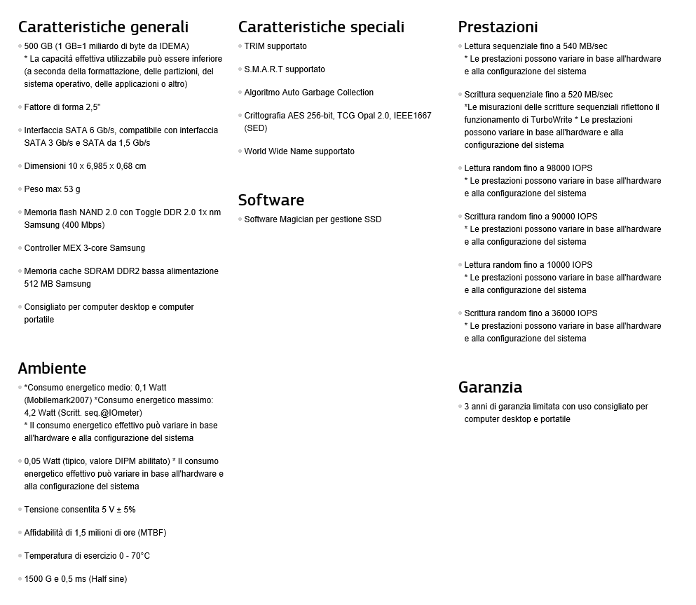 tabella specifiche tecniche