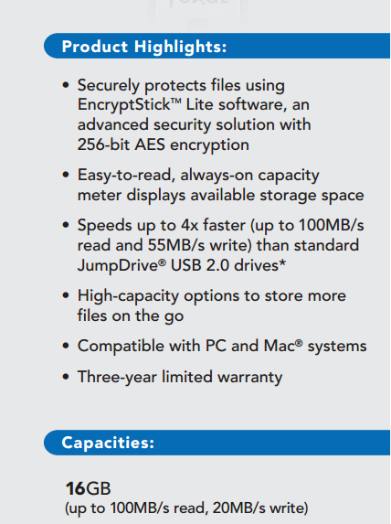 Specifiche tecniche della Lexar Jumpdrive M10 Secure 16 GB.