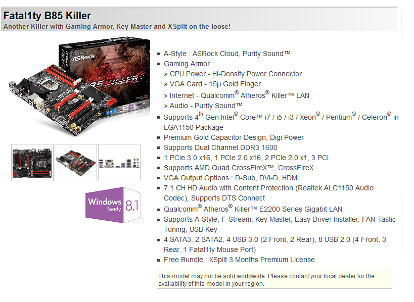 Specifiche tecniche della ASRock Fatal1ty B85 Killer.