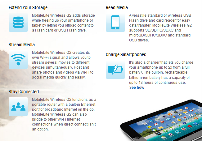 Technical specs for the Kingston MobileLite Wireless G2.