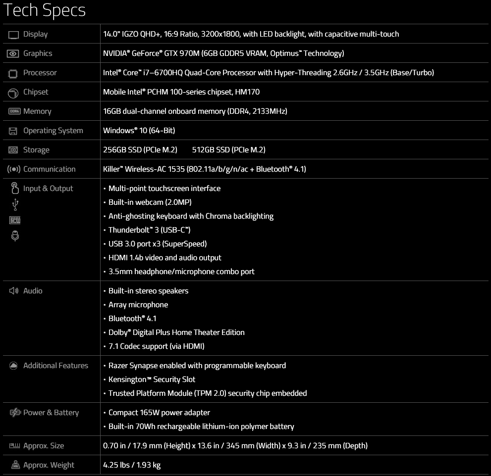 blade tech specs