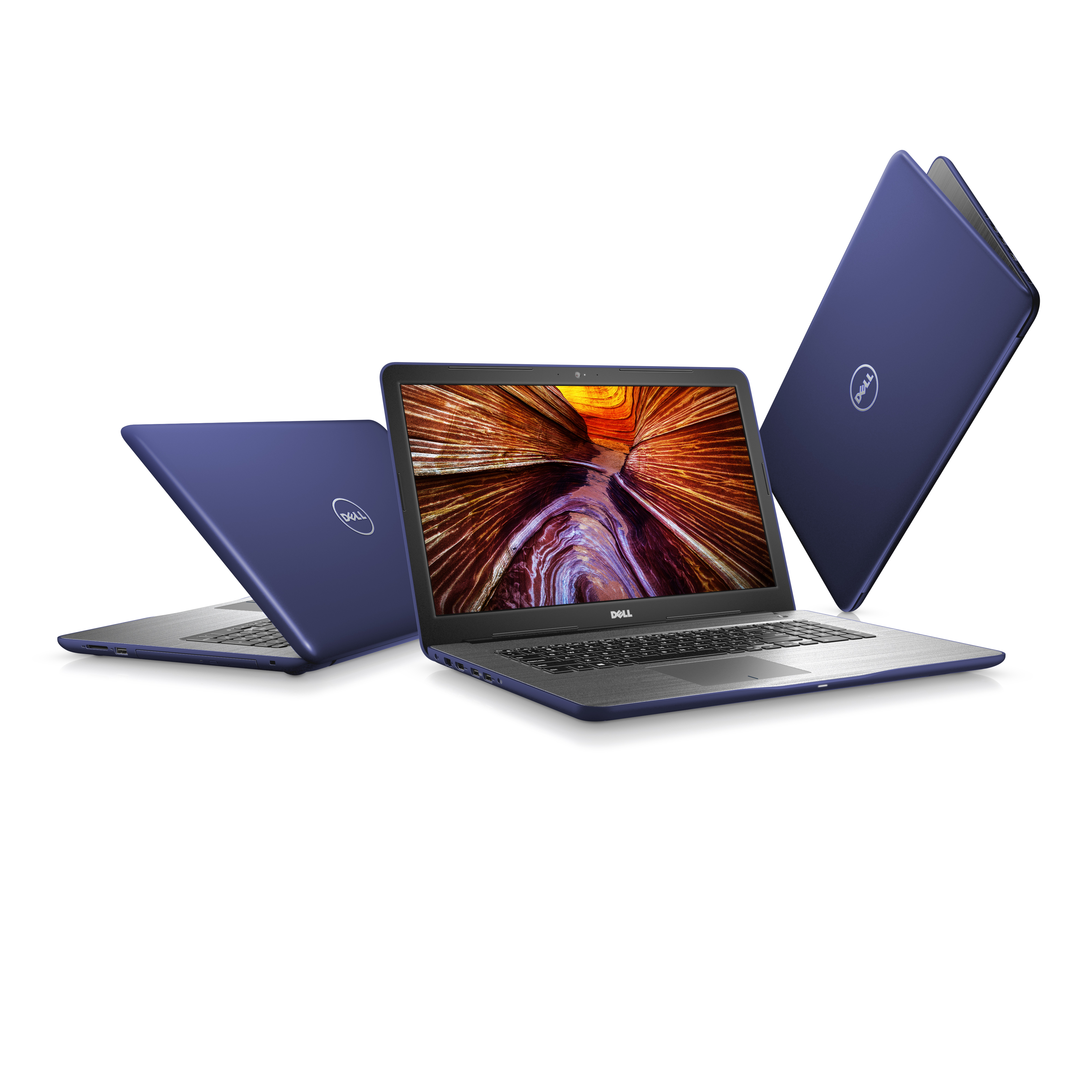 Three Dell Inspiron 17 5000 Series (Model 5767) Non-Touch 17-inch notebook computer with Intel processor, codename Gamora, shown in various orientations.