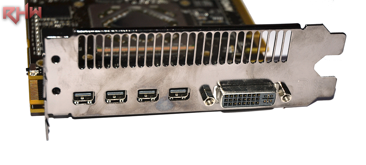On the output panel, 1 x Dual Link DVI-I connector and 4x miniDP connectors, compatible with 1.2 version.