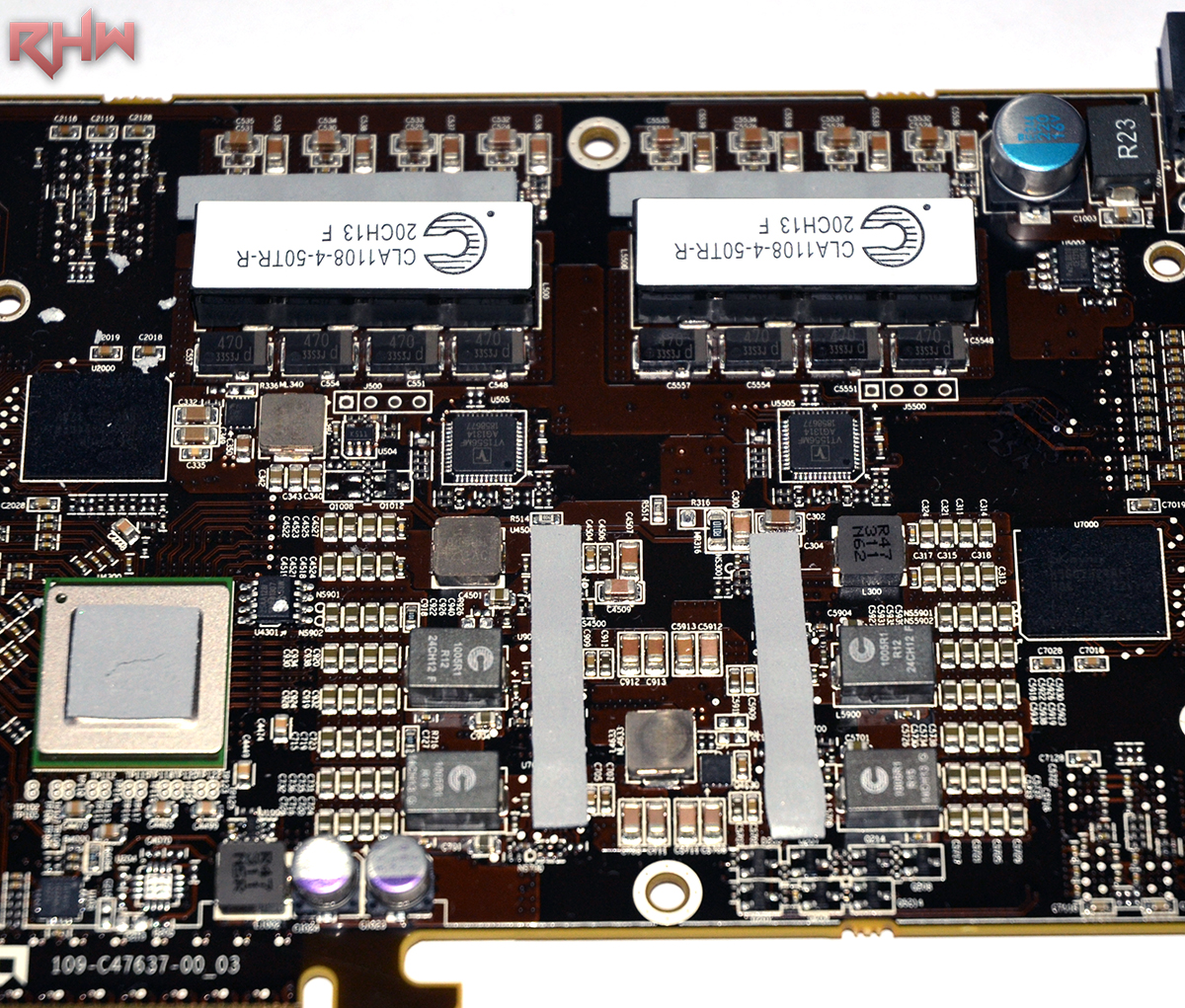 This is the VRM area: mirrored phases so that each GPU has a Volterra multi-phase inductor that is responsible for power supplying the graphic processor.