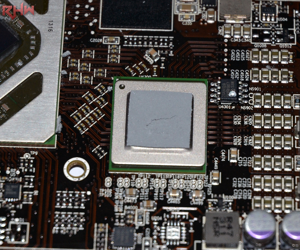 The PLX Bridge chip, that can drive 48 PCIe 3.0 lanes in order to coordinate both of the GPUs with the PCIe socket and with another card through the CrossfireX connector.