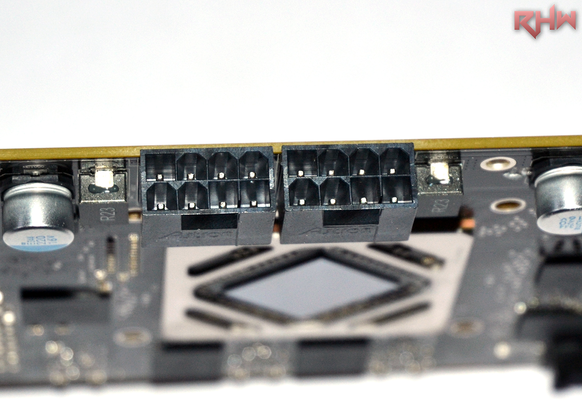 2x8 PEG connectors, capable of driving up to 300W, and combined with the PCIe socket, the card can draw up to 375W.